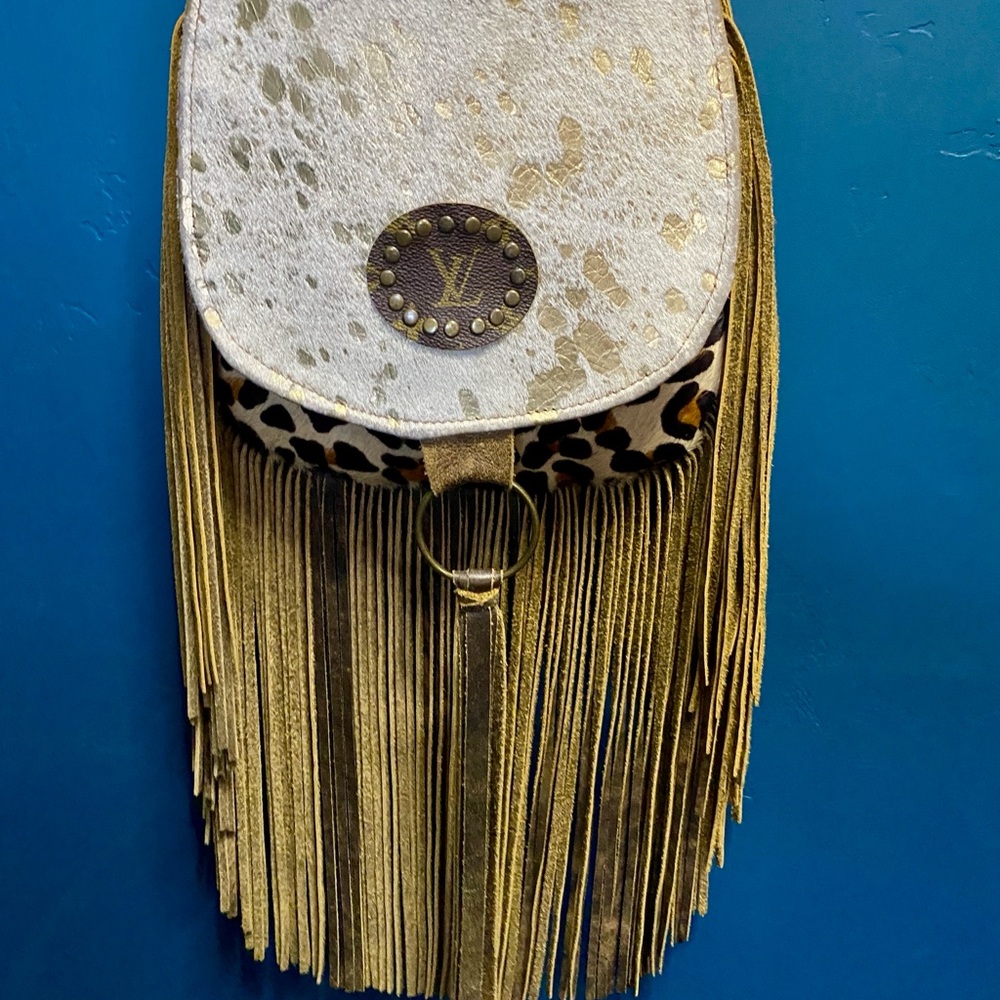 Keep it Gypsy fringe crossbody bag with upcycled Louis Vuitton emblem